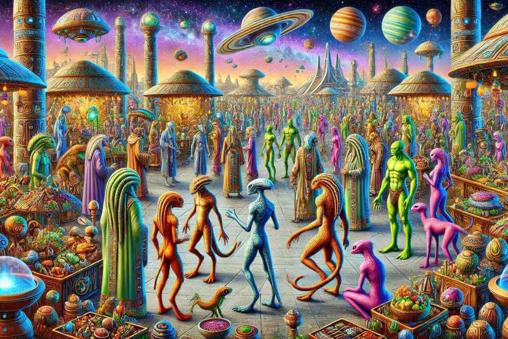 a group of aliens in a city