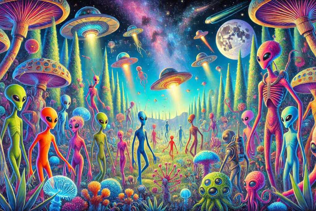 a group of aliens in a forest